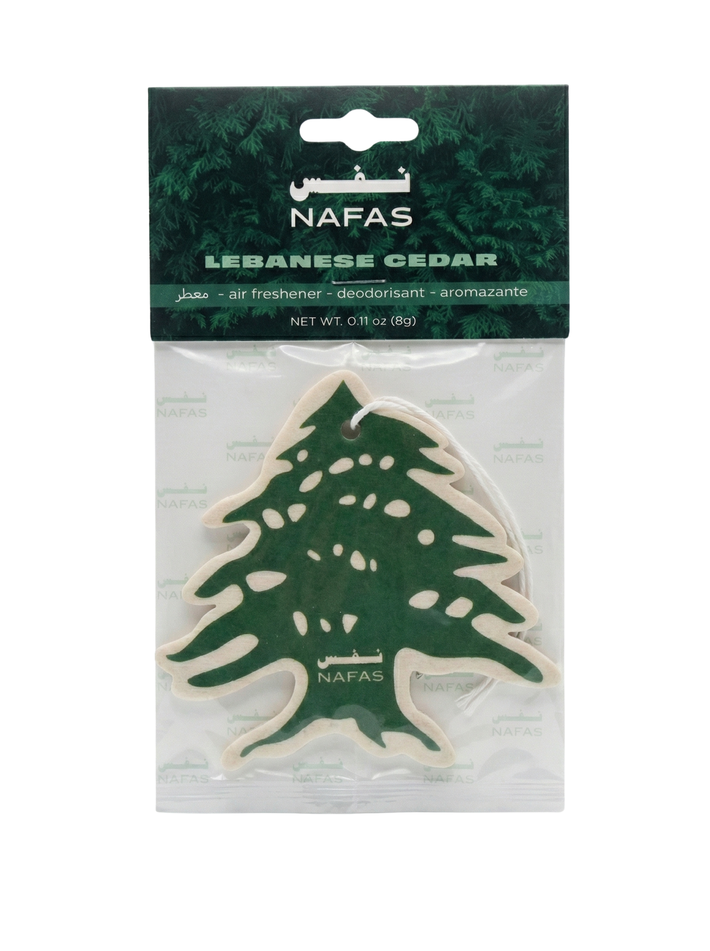 Packaged Nafas Lebanese Organic and Natural Cedar tree-shaped car air freshener in branded retail packaging—cedar of Lebanon scent “smells like home” popular Lebanon gift for Lebanese travelers, diaspora and expats