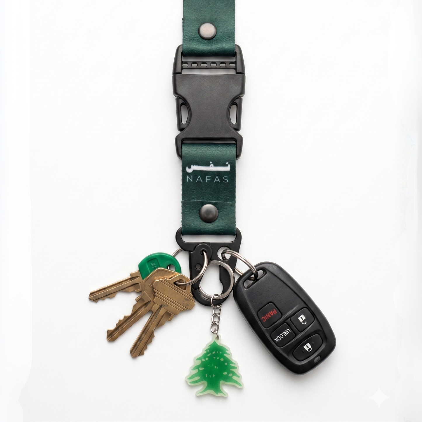 Lebanese cedar lanyard holding car keys and keychain