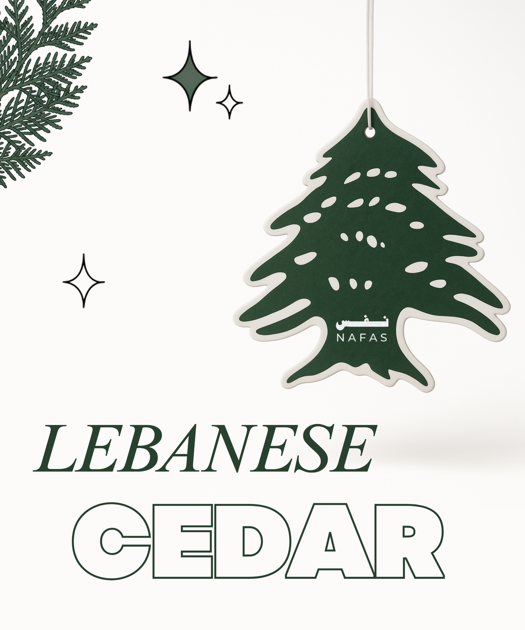 Lebanese cedar tree-shaped green Nafas scented paper air freshener on a white background with Lebanese Cedar text and cedar branches