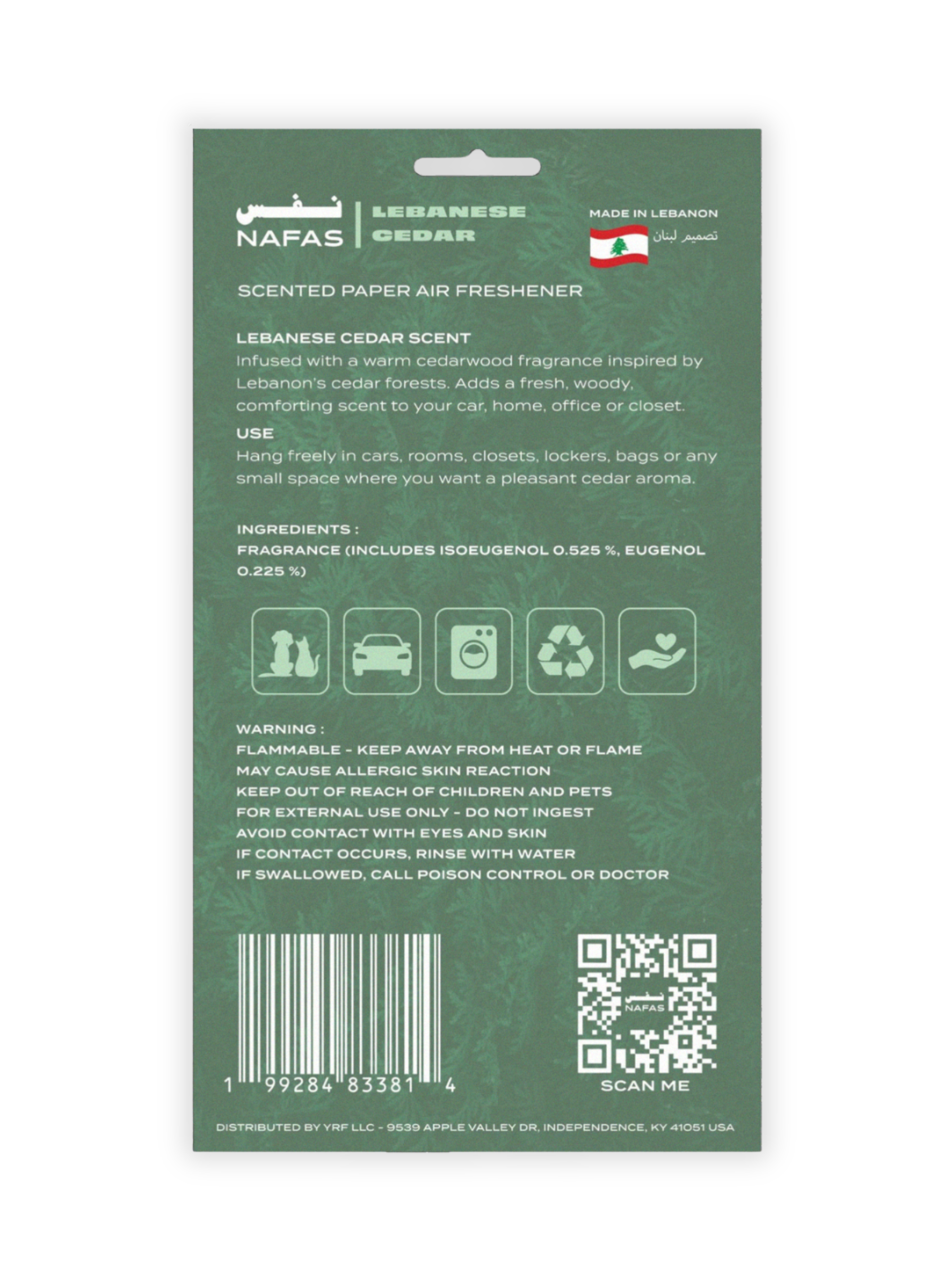 Back packaging of Nafas Lebanese Cedar scented paper air freshener with multilingual instructions, safety icons, barcode, and made in Lebanon label on a green background