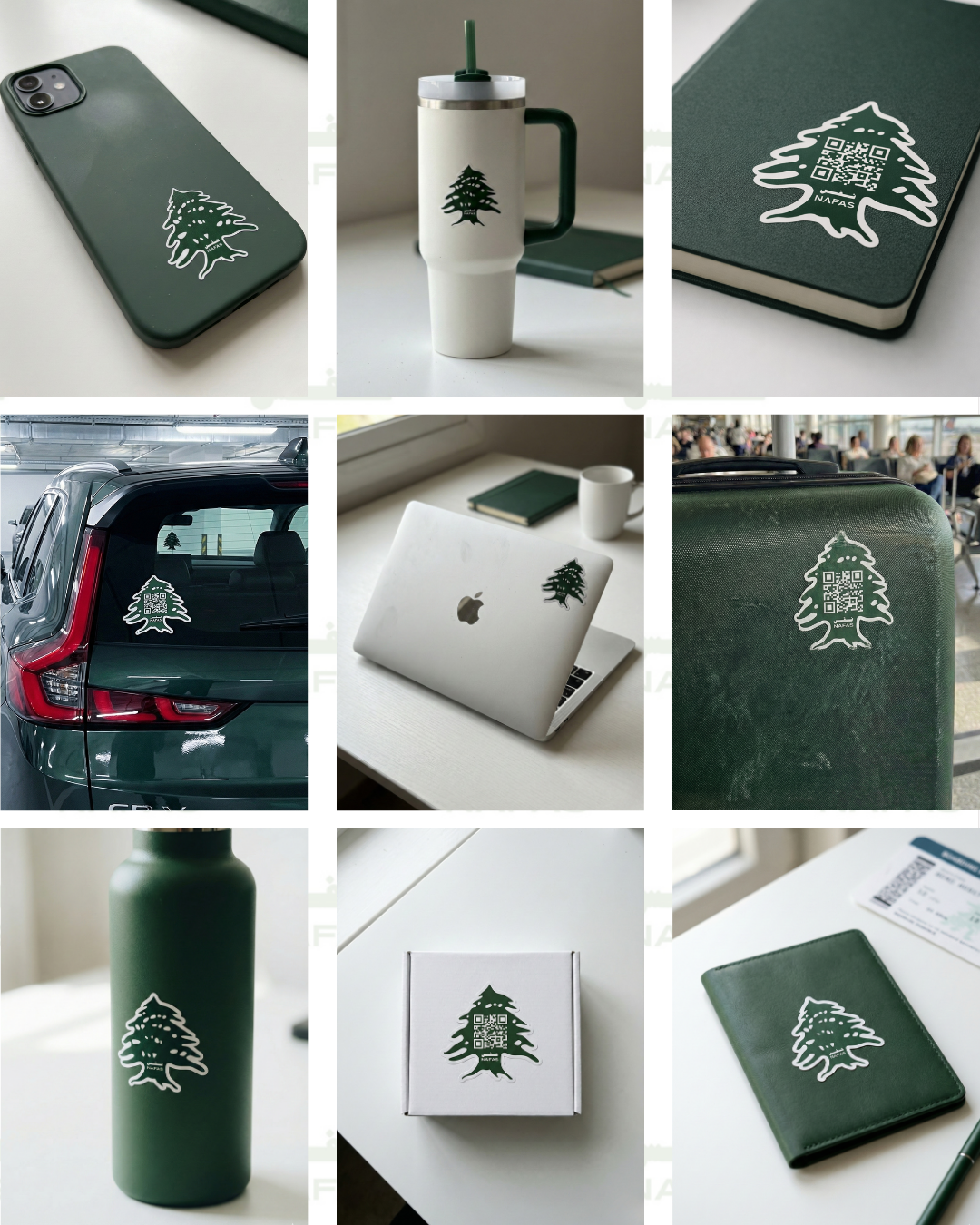 Collage of nine photos showing Nafas Lebanese cedar tree stickers on everyday items: a green phone case, white tumbler, green notebook, car rear window, silver laptop, green suitcase, green water bottle, white shipping box, and green passport wallet.