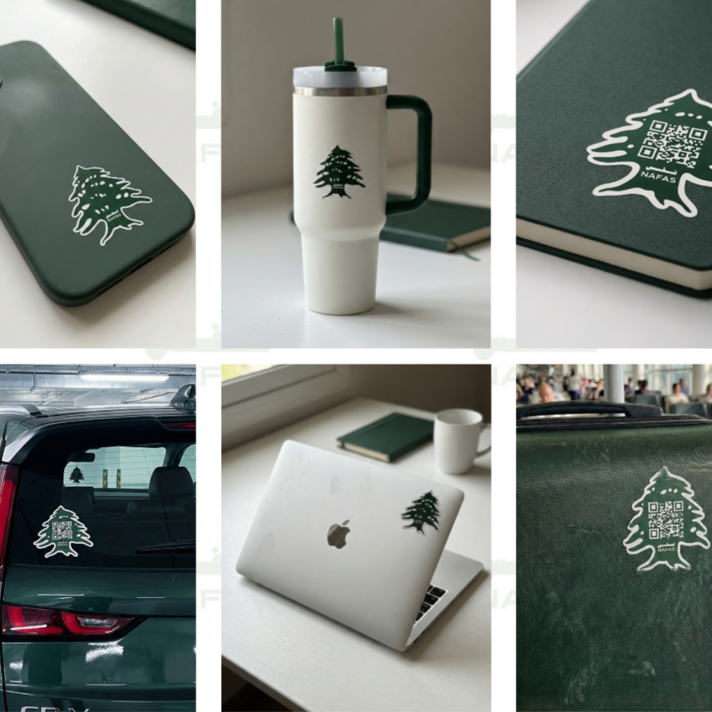 Collage of nine photos showing Nafas Lebanese cedar tree stickers on everyday items: a green phone case, white tumbler, green notebook, car rear window, silver laptop, green suitcase, green water bottle, white shipping box, and green passport wallet.