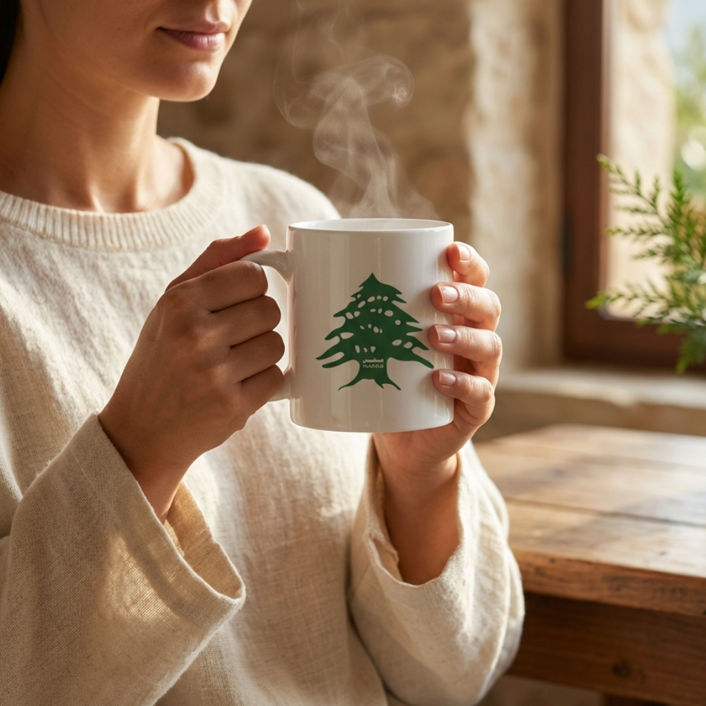 Lebanese Person holding Nafas Lebanese Cedar white ceramic mug with Lebanon Cedar