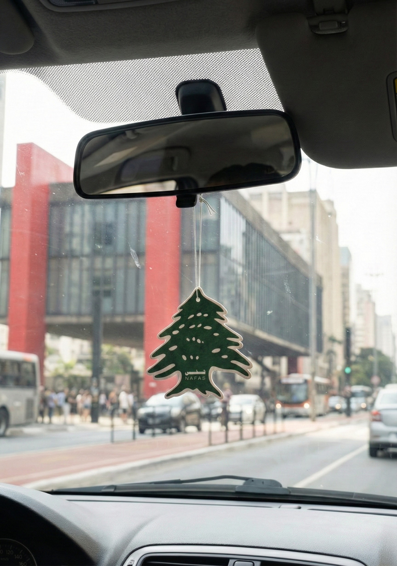 Downtown Montreal street view seen from inside a car with a Nafas Lebanese cedar air freshener hanging from the rearview mirror