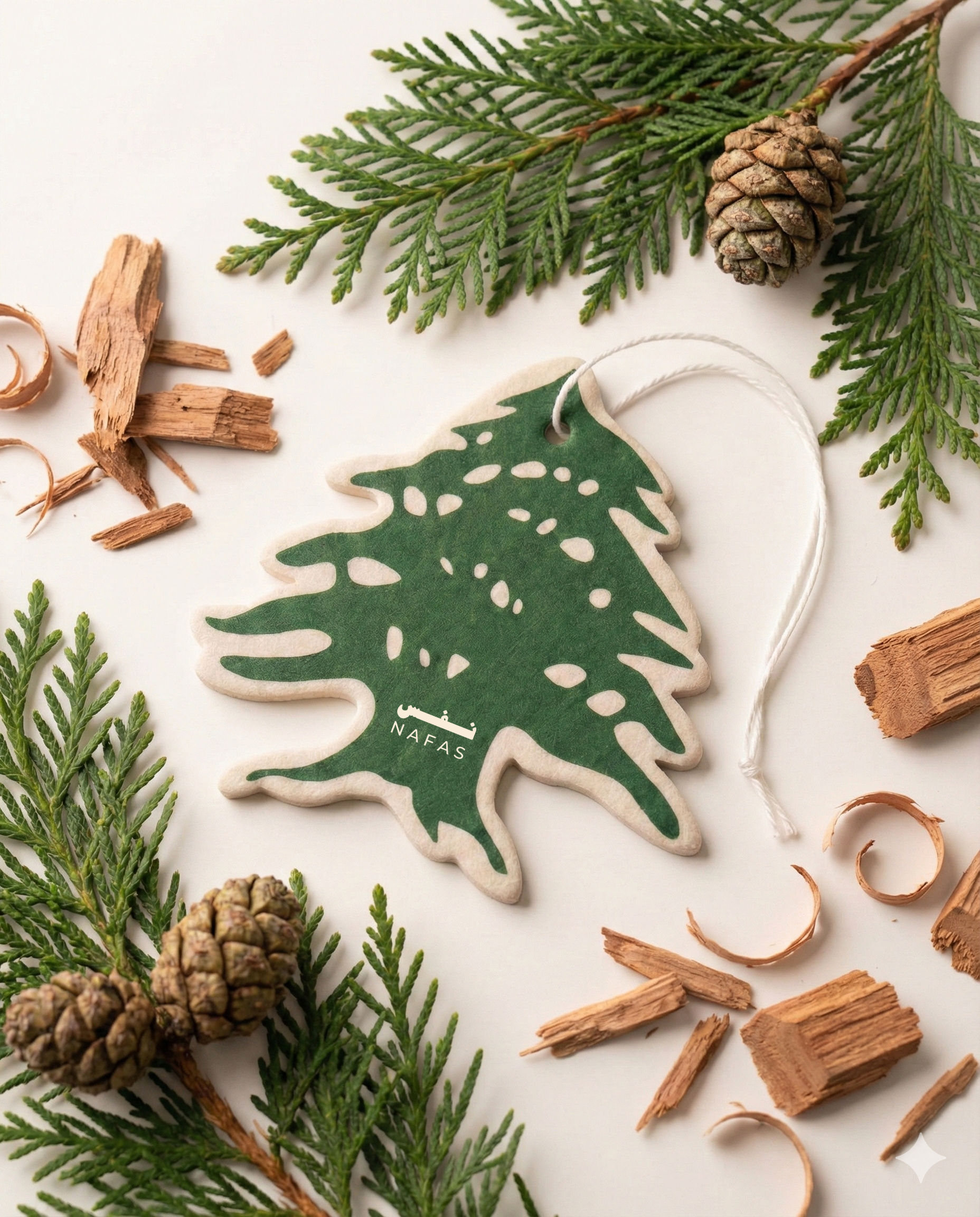 Nafas Lebanese cedar car air freshener flat lay on white background with cedarwood chips, pine cones, and evergreen branches