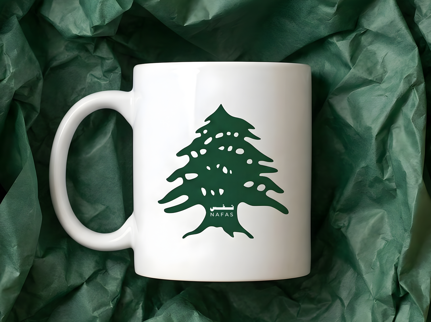 Nafas Lebanese Cedar 11oz premium white ceramic mug with cedar tree print on green tissue — dishwasher microwave safe Lebanon Arab American gift mug