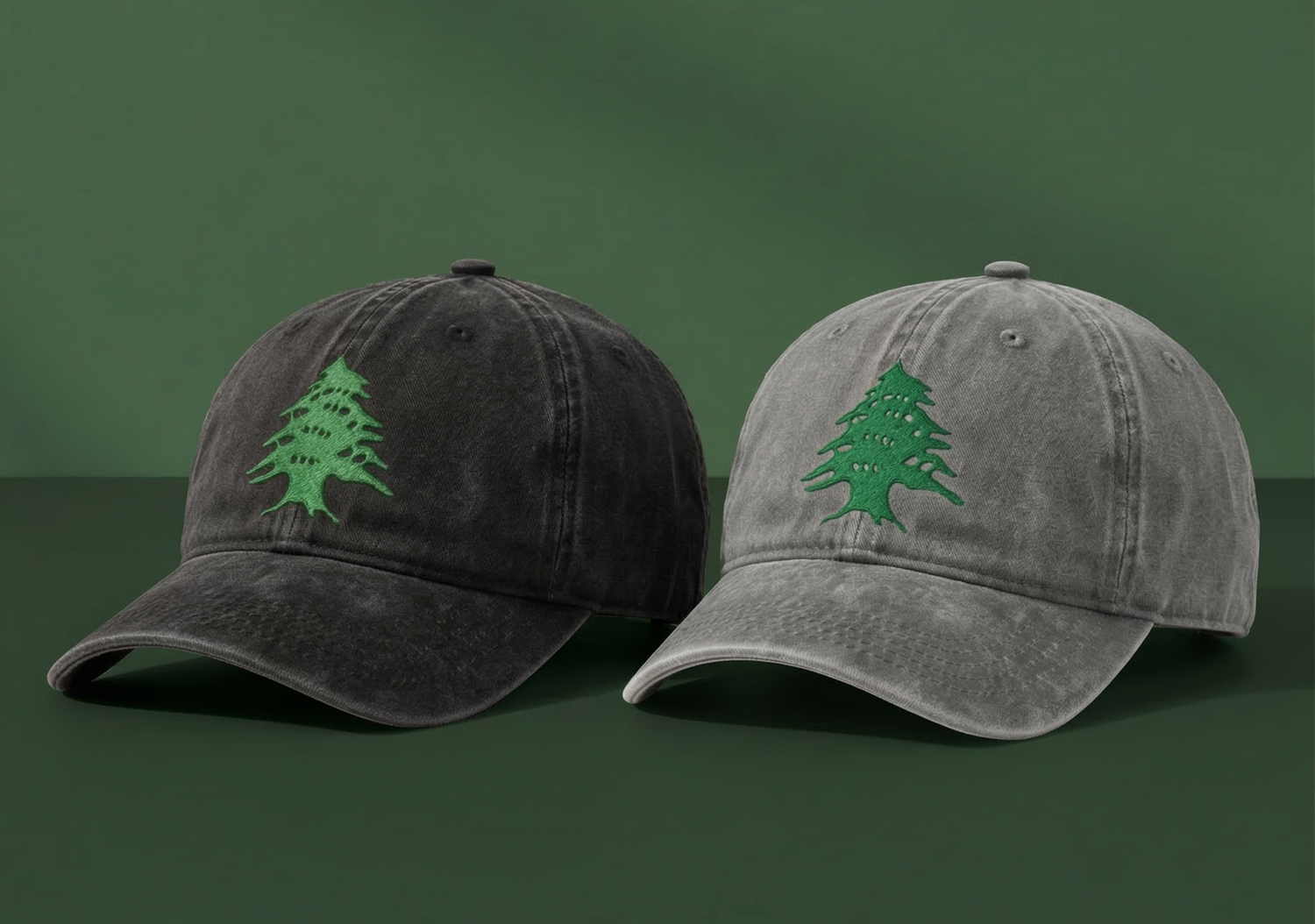 Nafas Lebanese Cedar embroidered washed baseball cap black and grey colorways — Port Authority Lebanon cedar tree Arab American heritage hat cap